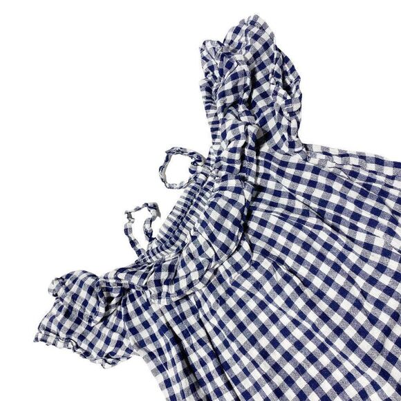 old Navy Girls Off Shoulder Flutter Sleeve Picnic Plaid Blouse Navy/White - Picture 2 of 3